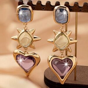 NEW❗️Statement Gold and Purple Heart & Sun Drop Earrings. Unique Earrings. ☀️💜